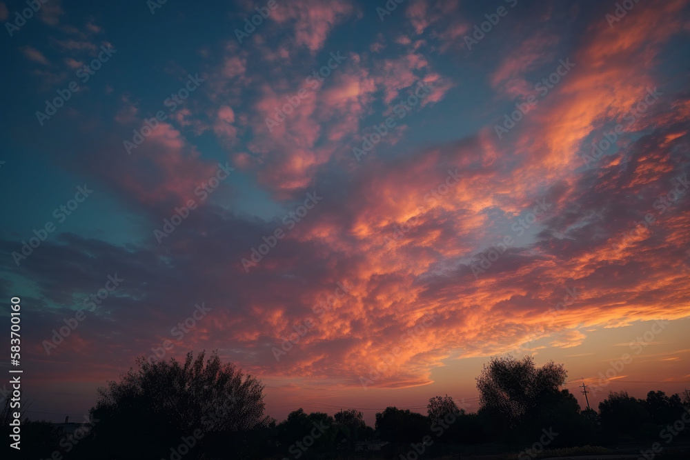 Photorealistic ai artwork of dramatic sky and clouds at sunset or sunrise. Generative ai.