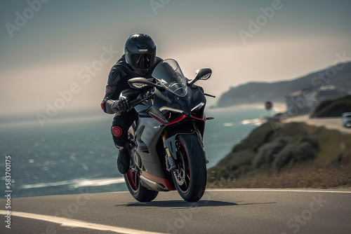 Photorealistic ai artwork concept of a person riding a black and red Italian superbike or sportbike motorcycle on a coastal road. Generative ai.