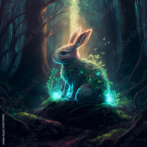 magic rabbit in the night in a magical forest generative ai © OsmanGoni
