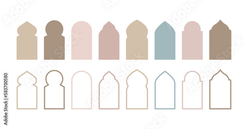 Set of arab mosque windows. Elegant arch, gate shapes. Islamic architecture elements isolated on white background. Icons, vector ilustrations for muslim Ramdan, Eid holiday. Elegant boho frames.