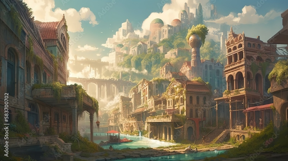 Cities Fantasy Backdrop, Concept Art, CG Artwork, Realistic Illustration with Generative AI
