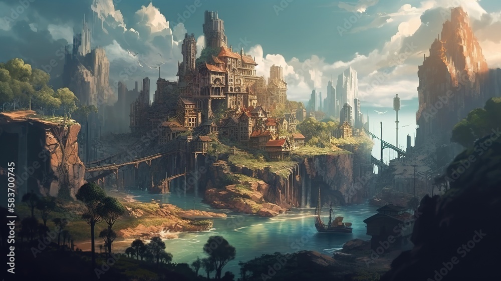Fototapeta premium Cities Fantasy Backdrop, Concept Art, CG Artwork, Realistic Illustration with Generative AI 