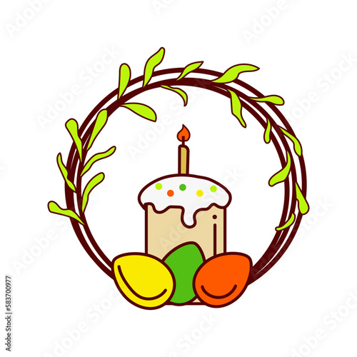 Easter wreath with cake and painted eggs on white background