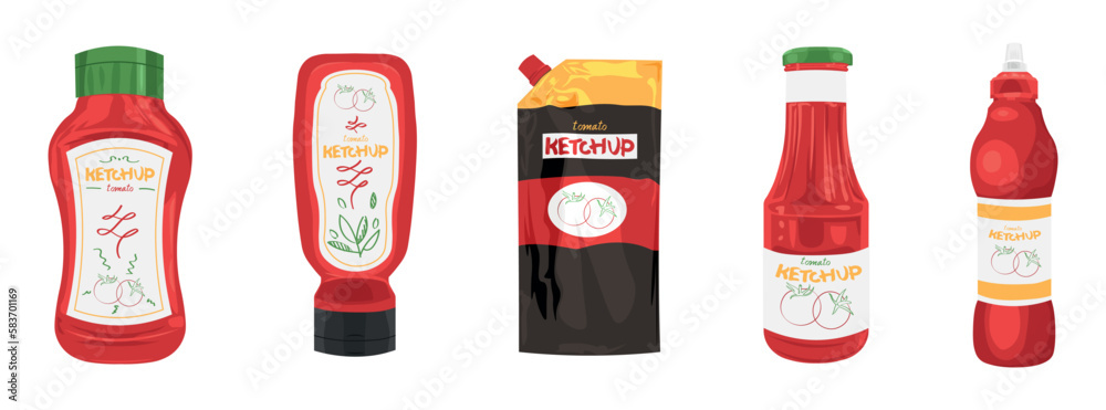 Set of tasty ketchup sauces on white background Set of tasty ketchup sauces on white background