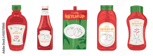 Set of tasty ketchup sauces on white background
