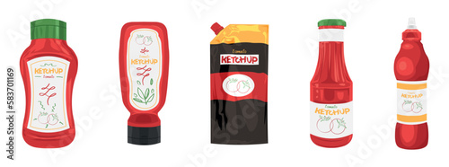 Set of tasty ketchup sauces on white background
