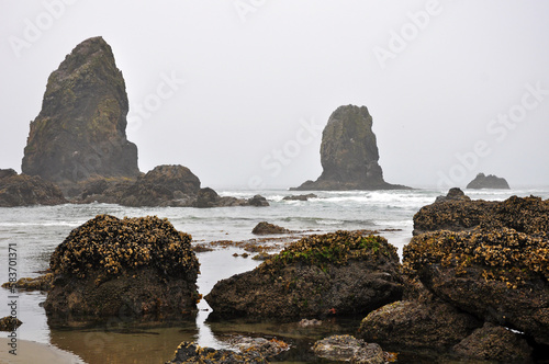 Oregon Coast with towering rocks and surf
