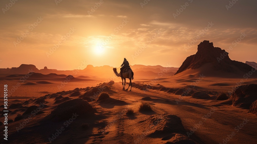 A lone traveler on a camel crossing a vast and arid desert landscape with a fiery sunset in the background Generative AI