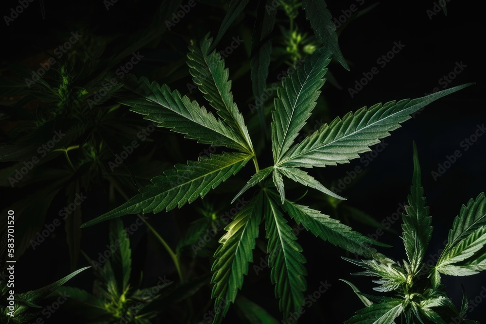  Cannabis plant detail on dark background Generative AI