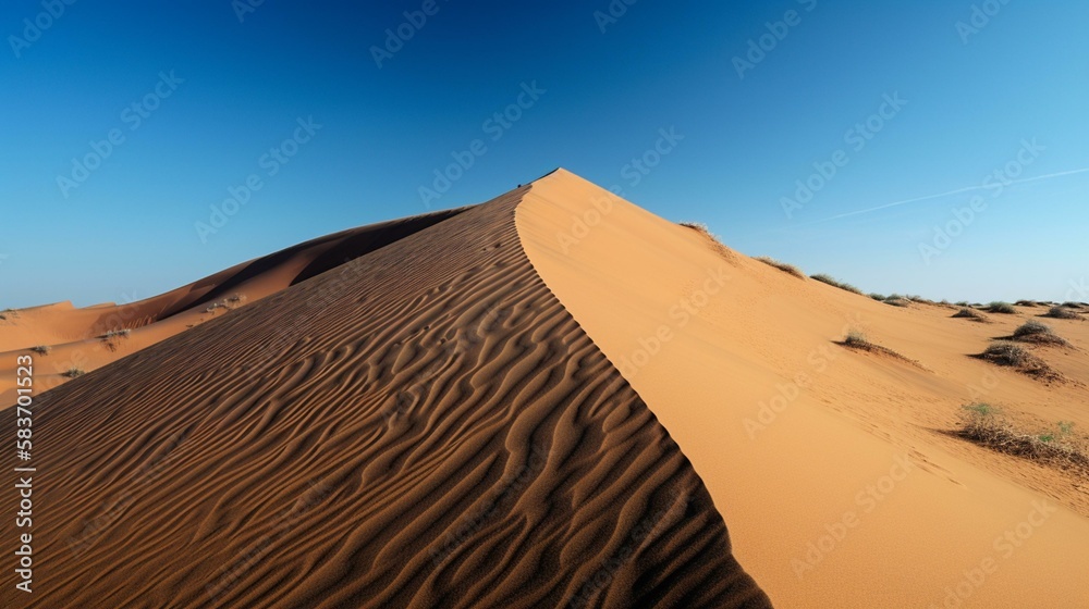 A towering sand dune with intricate patterns formed by the shifting sands, against a bright blue sky Generative AI