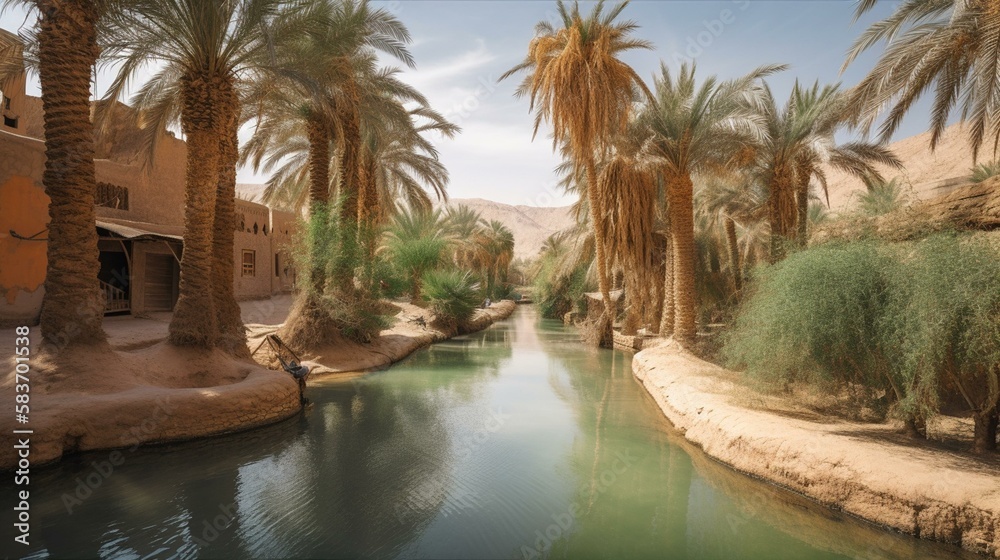 A desert oasis with palm trees, a tranquil pool of water, and a small village in the background Generative AI