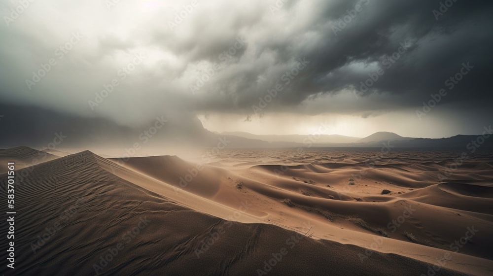 A dramatic and stormy desert landscape with a raging sandstorm obscuring the horizon Generative AI