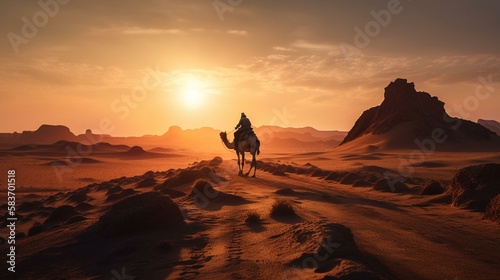 A lone traveler on a camel crossing a vast and arid desert landscape with a fiery sunset in the background Generative AI