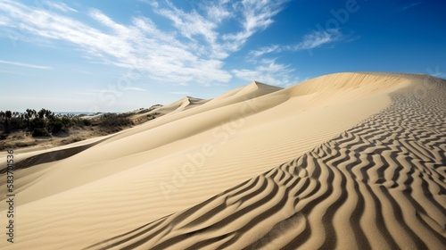 A towering sand dune with intricate patterns formed by the shifting sands, against a bright blue sky Generative AI