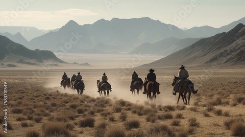A group of nomads riding on horseback through a windswept desert  with a dramatic mountain range in the distance Generative AI