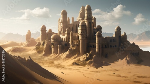 A majestic and isolated desert fortress with imposing walls and towers, standing sentinel against the endless sands Generative AI