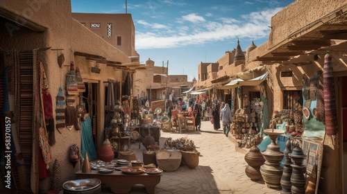 A colorful and bustling marketplace in the heart of a desert city, with vendors selling exotic goods and wares Generative AI