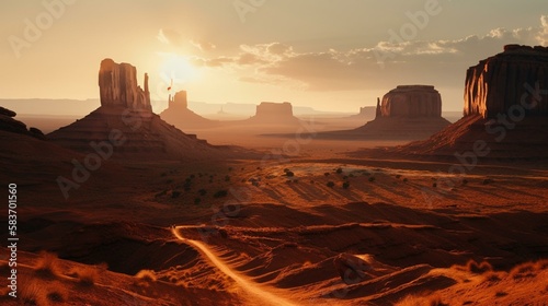 A desert landscape with towering rock formations and deep canyons, bathed in the golden light of the setting sun Generative AI