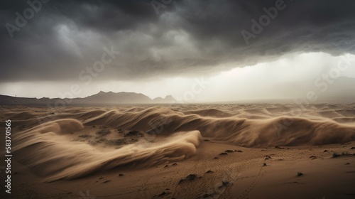 A dramatic and stormy desert landscape with a raging sandstorm obscuring the horizon Generative AI