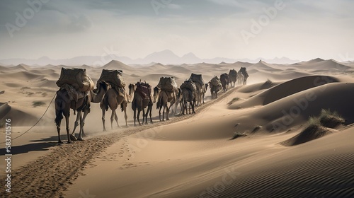 A caravan of camels carrying goods and supplies across a vast and endless desert  with nothing but sand and sky in every direction Generative AI