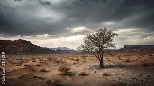 A lone tree standing tall and proud in the midst of an otherwise barren desert landscape, with a stormy sky overhead Generative AI