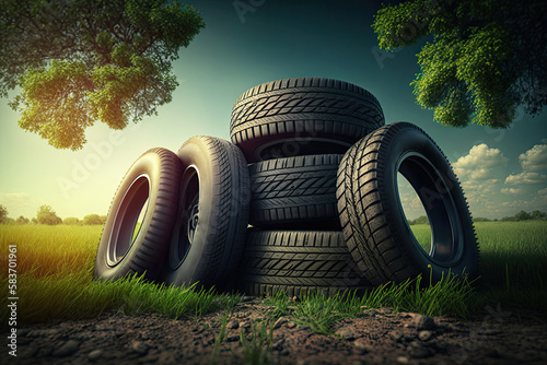 Bunch of car tires on green lawn. Car tires in nature. Generative AI