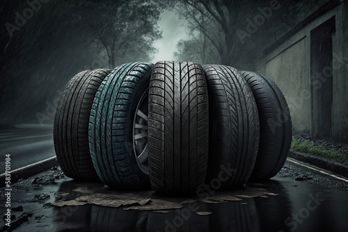 Stack of car tires on rainy asphalt road. Car tires in a row. Generative AI © MVProductions