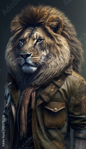 Lion dressed up with a shirt and jacket