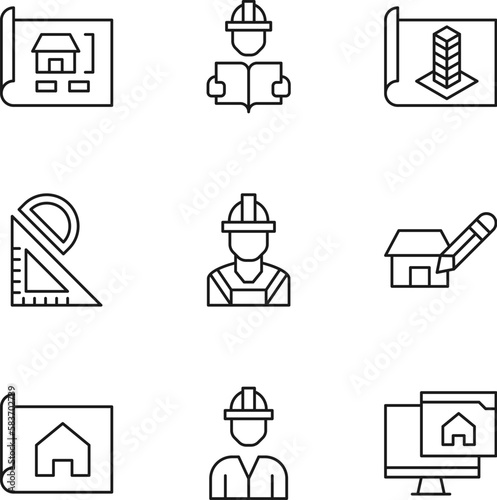 Collection of vector isolated signs drawn in line style. Editable stroke. Icons of private house, construction worker, office, plan, building, renovation