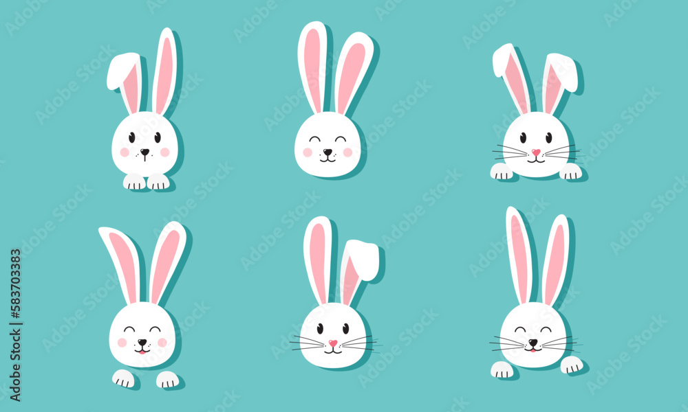 Easter bunny vector icon, paper rabbit set, cute animal head, cartoon character on blue background. Funny illustration Easter bunny vector icon, paper rabbit set, cute animal head, cartoon character on blue background. Funny illustration