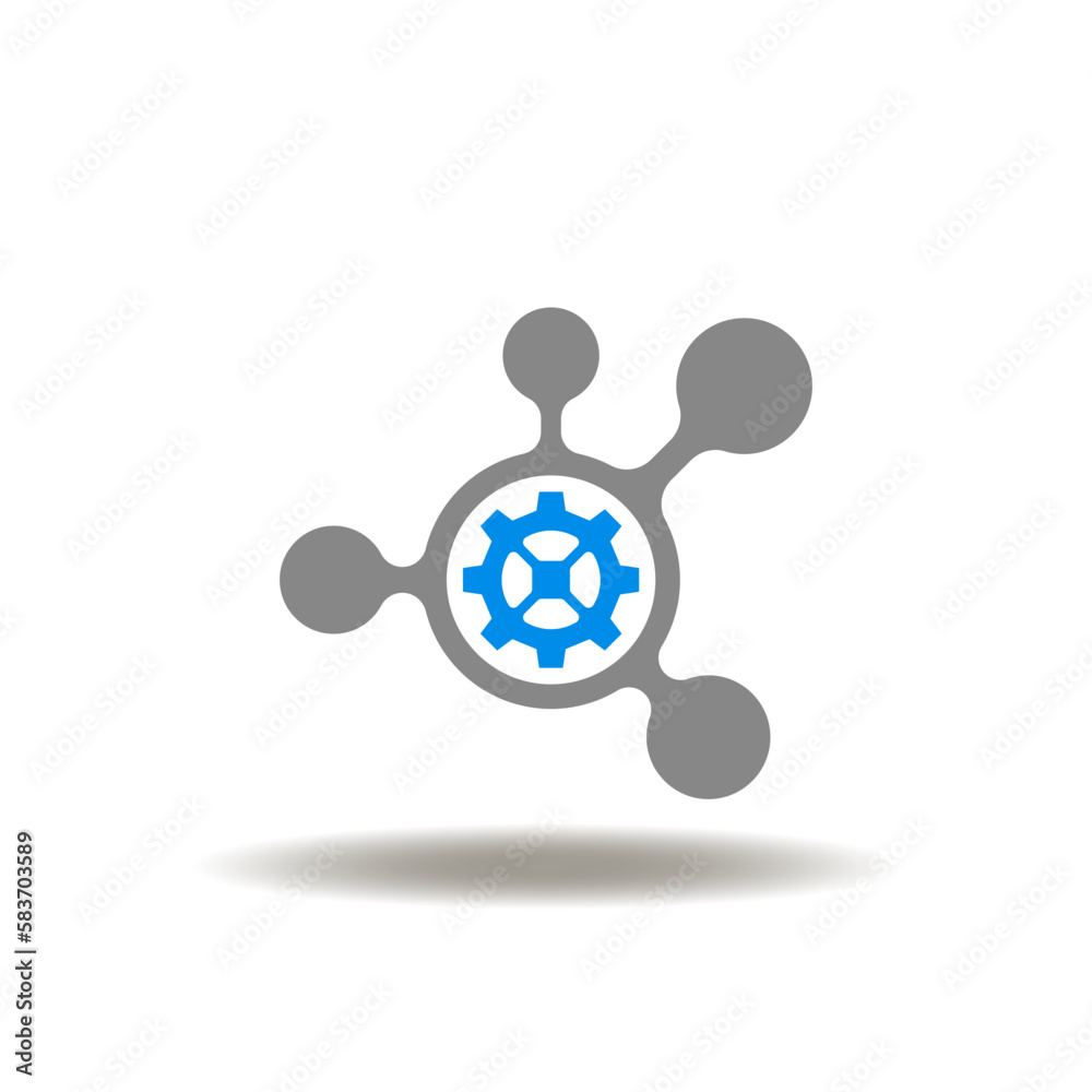 Vector illustration of molecule or atom with gear. Icon of science, research, development. Symbol of taxonomy.