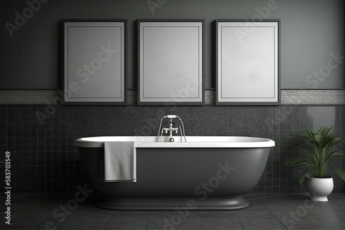 Gray themed bathroom  gray tiles and three posters above. Copyspace. Generative AI