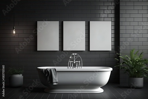 Gray themed bathroom  gray tiles and three posters above. Copyspace. Generative AI