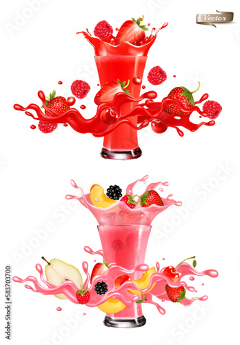 Whole and slice of berries and fruit in a jiuce. Strawberries, raspberries, cherries, blueberries in a wave of juice with splashes and glasses of juice. Realistic transparent isolated vector set.