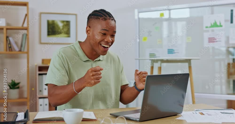 Black man, startup and celebration with laptop, fist hands and winning on web with crypto, gambling or esports. Winner, computer and celebrate for internet competition, contest and happy in workplace Black man, startup and celebration with laptop, fist hands and winning on web with crypto, gambling or esports. Winner, computer and celebrate for internet competition, contest and happy in workplace