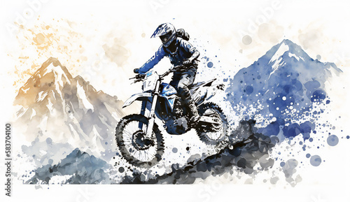 Motorcycle drives through terrain isolated on white background - watercolor style illustration background by Generative Ai