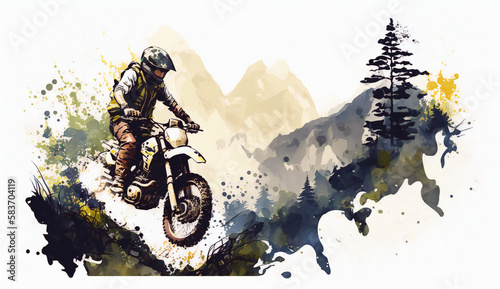 Motorcycle drives through terrain isolated on white background - watercolor style illustration background by Generative Ai