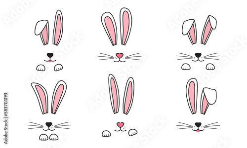 Easter bunny face, rabbit ear with paw, whisker. Doodle hare, cute character vector icon isolated on white background. Animal hand drawn illustration