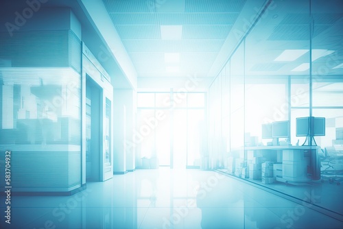 Blurry blueish medical office interior. Clinic interior with blue background. Copyspace. Generative AI