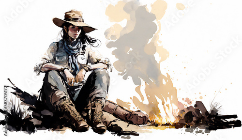 Cowgirl sitting in camping fire, isolated on white background - watercolor style illustration background by Generative Ai