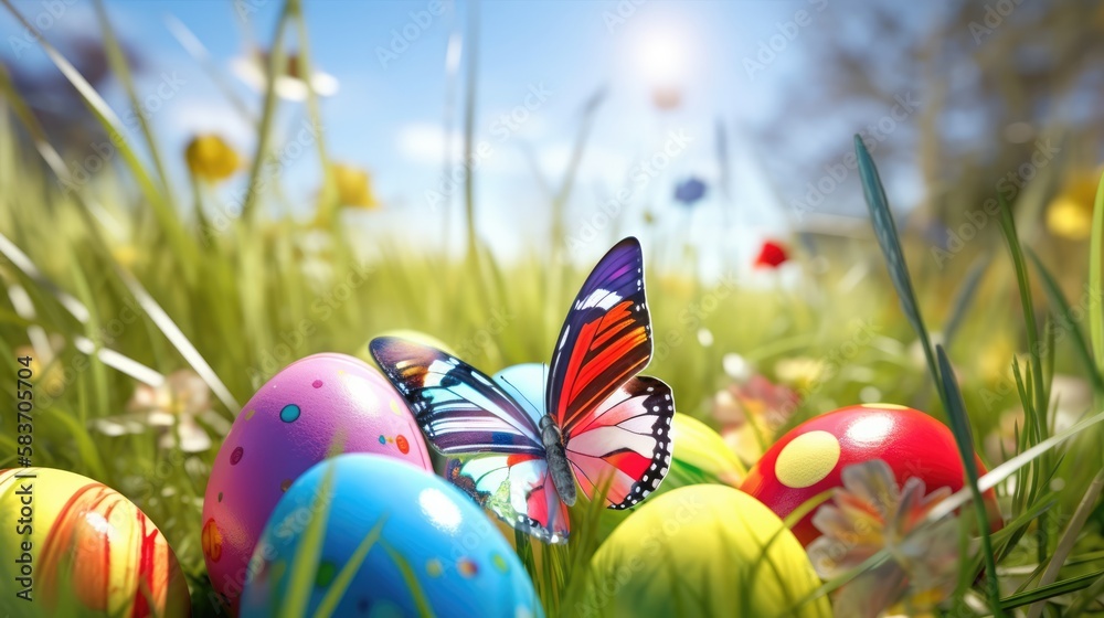 Colourful Easter eggs on sunlit green grass with butterfly 