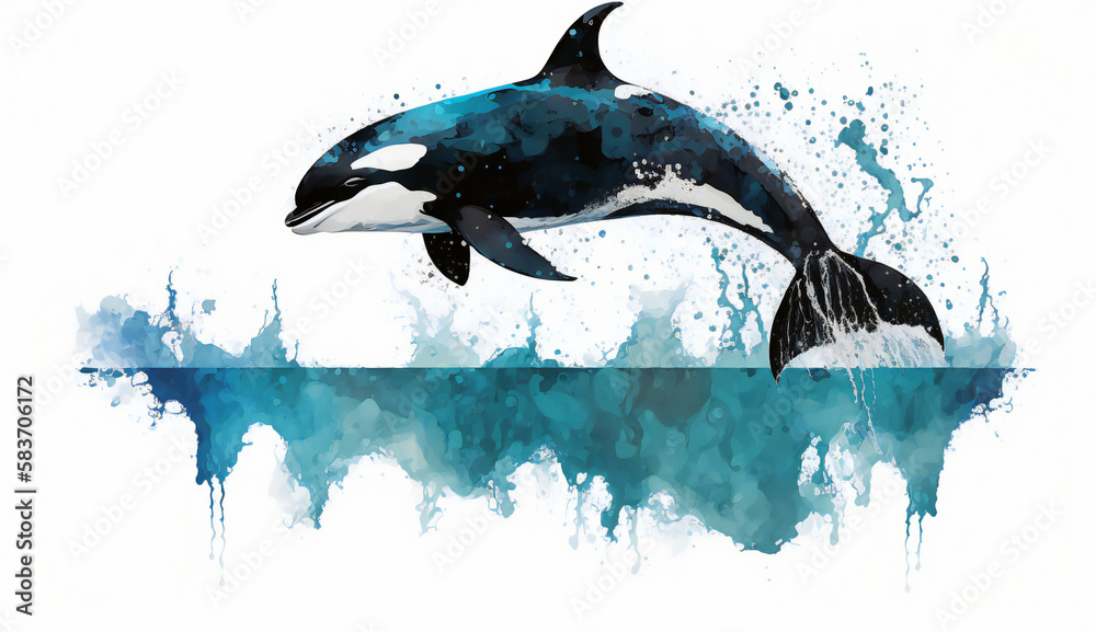 Killer whale orca jumping out of water, isolated on white background - watercolor style illustration background by Generative Ai - obrazy, fototapety, plakaty 