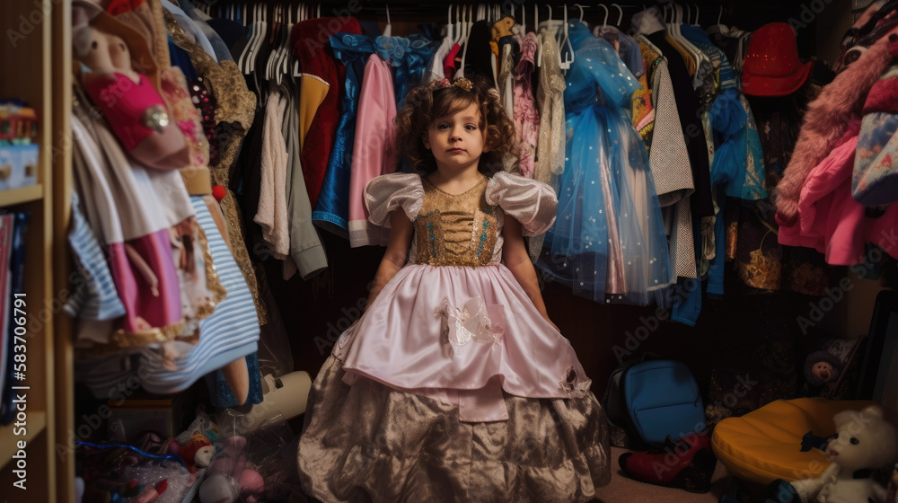 a little girl dressed as a princess in front of her wardrobe full of princess dresses, 