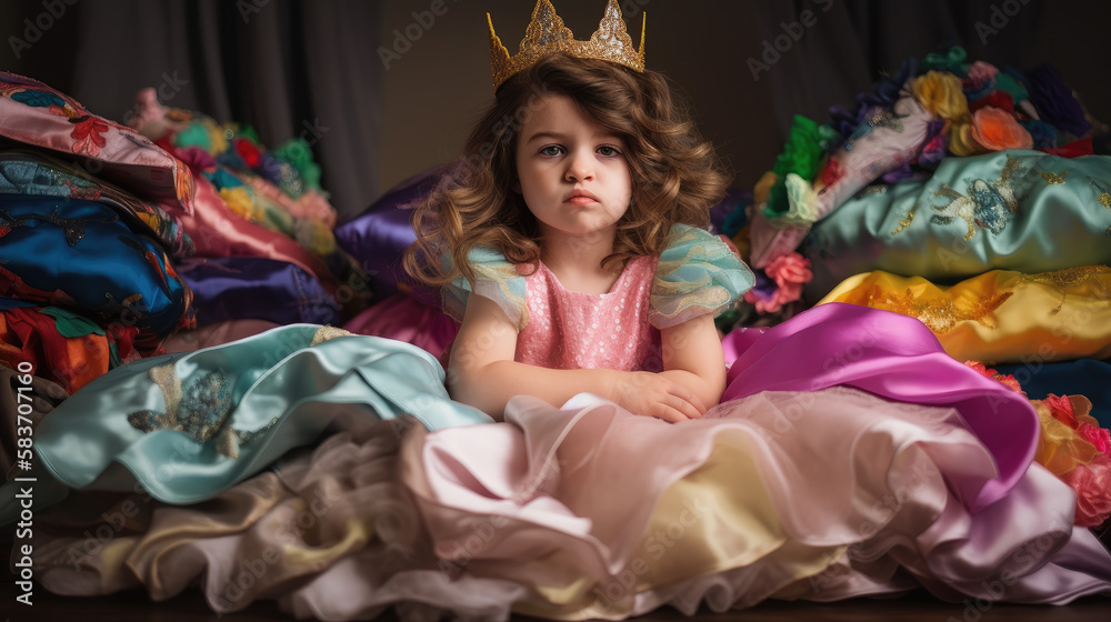 little girl dressed as a princess in front of her wardrobe full of princess dresses, generative ai illustration