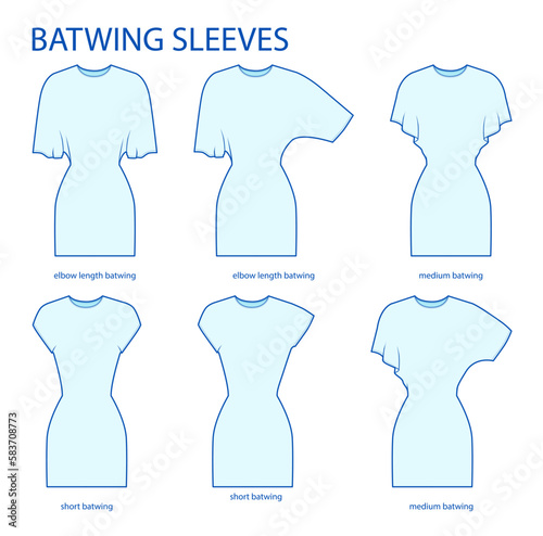 Set of Batwing sleeves clothes elbow, medium, short length technical fashion illustration with fitted body. Flat apparel template front side. Women, men unisex CAD mockup