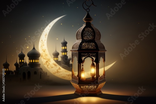 Islamic lantern with mosque in the background ramadan kareem