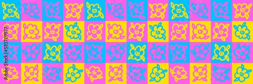 Colorful seamless pattern with neon squares and doodle flowers. Bright graphic design for surface, textiles, girlish wear, blanket, tablecloth, clothes, cover. Patchwork style. Vector illustration.
