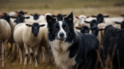 Border Collie herding sheep, farm dog, working dog, ai generative  
