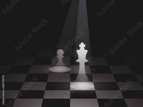 Chess board floor on a dark dimly lit black and white environment with a King and Pawn hologram spot light projection - Thinking strategically, wise mentorship guidance, confident decision making conc
