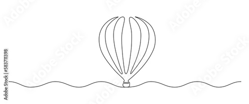 Hot air balloon in One continuous line drawing. Travel flying on aerostat in sky logo and divider concept in simple linear style. Editable stroke. Doodle vector illustration